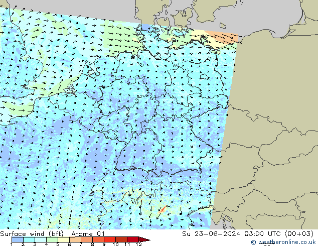 Wind 10 m (bft) Arome 01 zo 23.06.2024 03 UTC