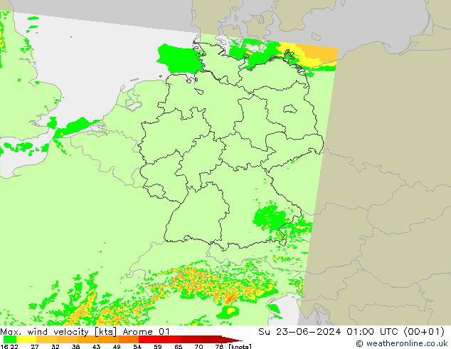 Max. wind velocity Arome 01 星期日 23.06.2024 01 UTC