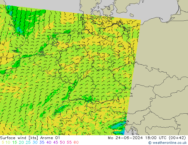 wiatr 10 m Arome 01 pon. 24.06.2024 18 UTC