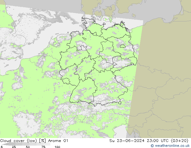 Bewolking (Laag) Arome 01 zo 23.06.2024 23 UTC