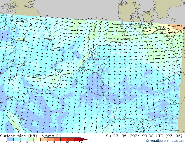 Surface wind (bft) Arome 01 Su 23.06.2024 09 UTC