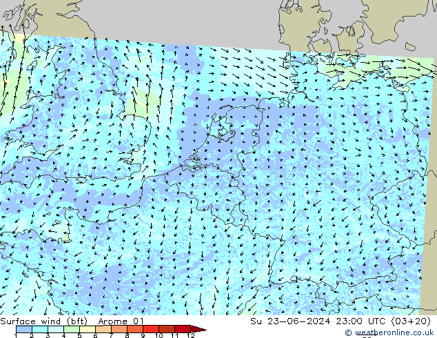 Wind 10 m (bft) Arome 01 zo 23.06.2024 23 UTC