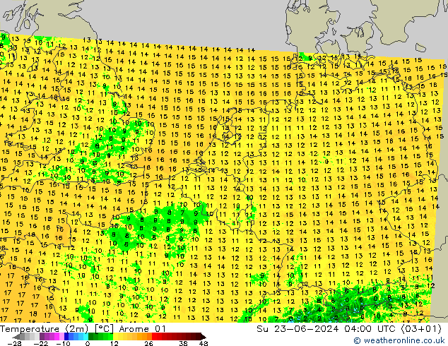 Temperature (2m) Arome 01 Su 23.06.2024 04 UTC