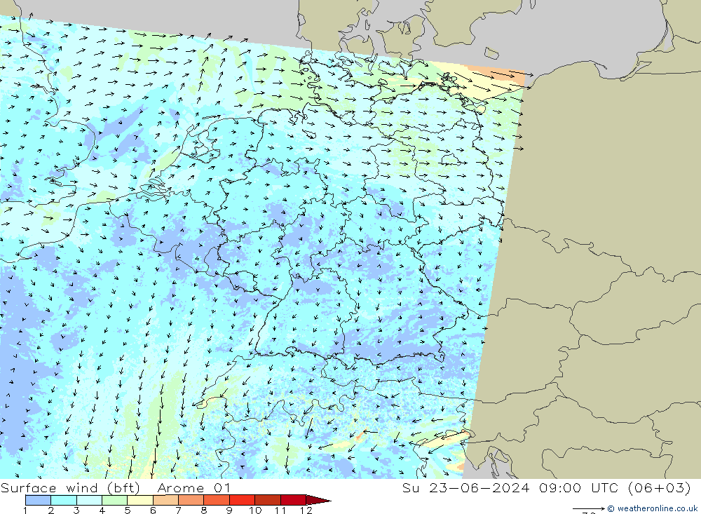 ве�Bе�@ 10 m (bft) Arome 01 Вс 23.06.2024 09 UTC