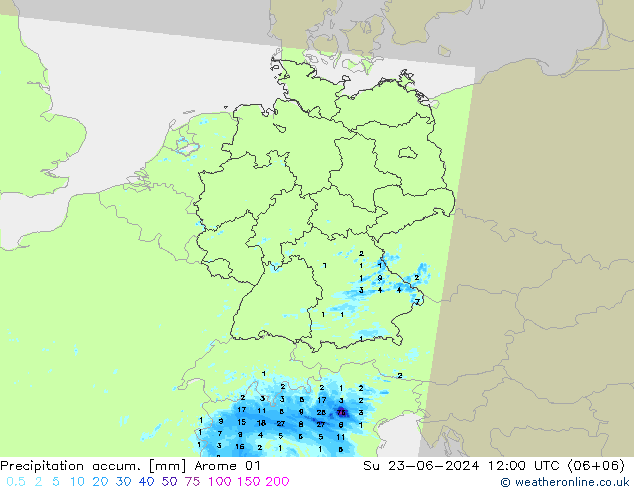 Precipitation accum. Arome 01 Su 23.06.2024 12 UTC