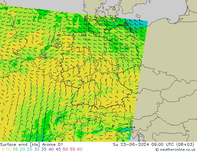 wiatr 10 m Arome 01 nie. 23.06.2024 09 UTC