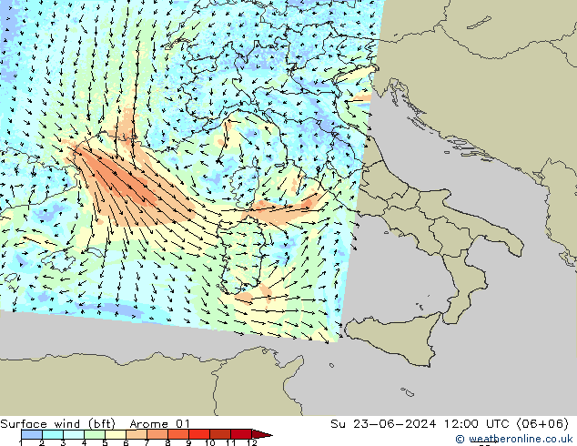 Vento 10 m (bft) Arome 01 Dom 23.06.2024 12 UTC