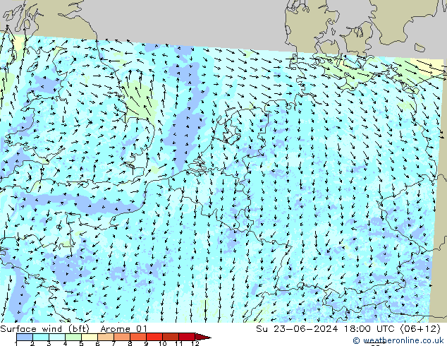 Surface wind (bft) Arome 01 Su 23.06.2024 18 UTC