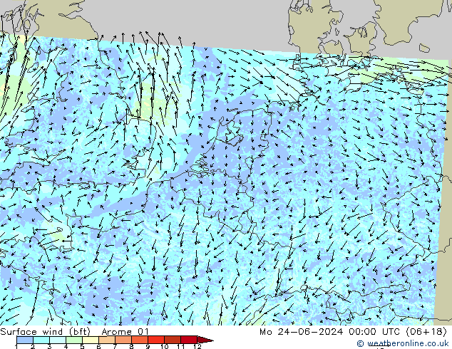 Wind 10 m (bft) Arome 01 ma 24.06.2024 00 UTC