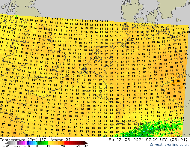 Temperatura (2m) Arome 01 Dom 23.06.2024 07 UTC