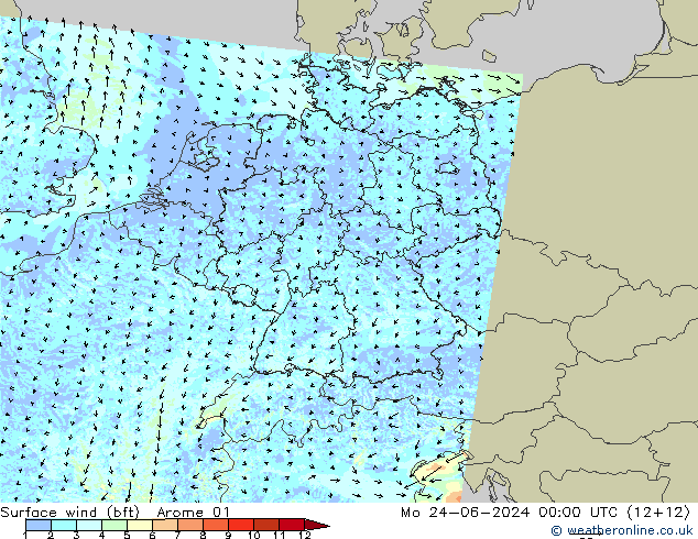 Wind 10 m (bft) Arome 01 ma 24.06.2024 00 UTC