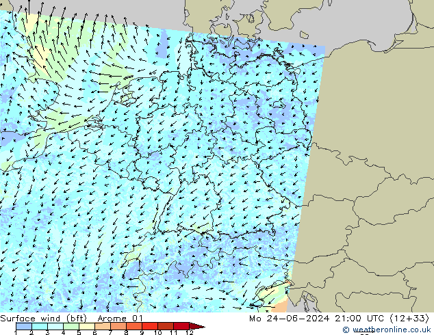 Surface wind (bft) Arome 01 Po 24.06.2024 21 UTC