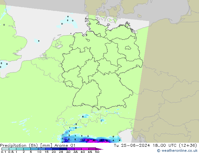 Precipitation (6h) Arome 01 Tu 25.06.2024 00 UTC