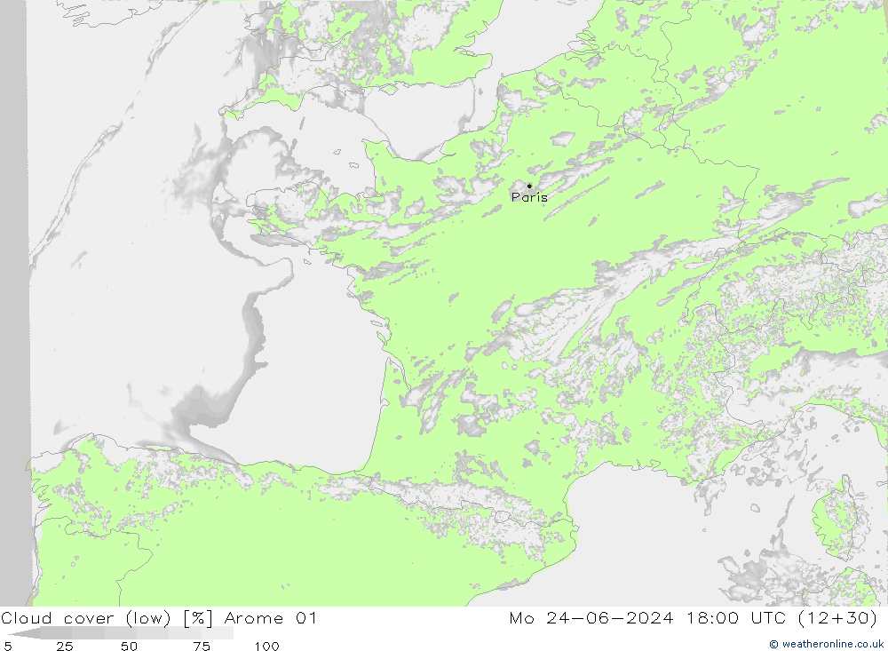 Cloud cover (low) Arome 01 Mo 24.06.2024 18 UTC