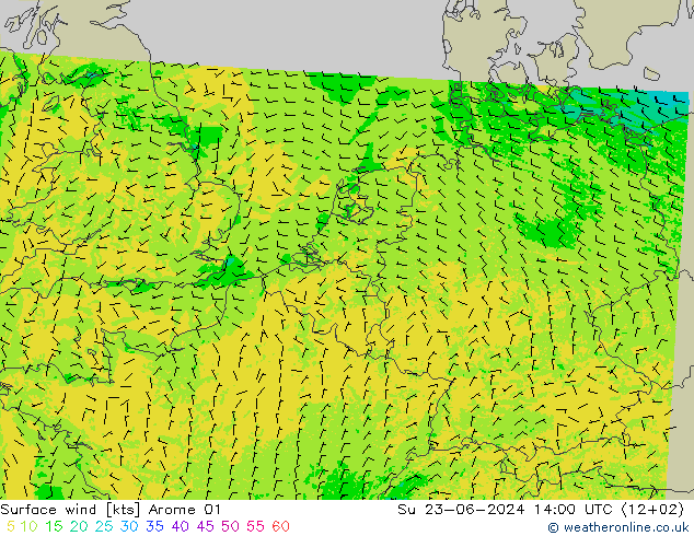 Viento 10 m Arome 01 dom 23.06.2024 14 UTC