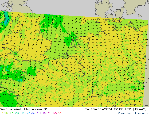 Surface wind Arome 01 Út 25.06.2024 06 UTC
