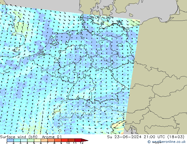 Surface wind (bft) Arome 01 Ne 23.06.2024 21 UTC