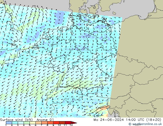 Wind 10 m (bft) Arome 01 ma 24.06.2024 14 UTC