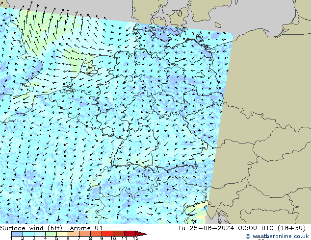 Bodenwind (bft) Arome 01 Di 25.06.2024 00 UTC