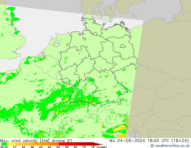 Max. wind velocity Arome 01 Mo 24.06.2024 18 UTC