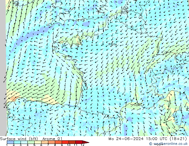 Surface wind (bft) Arome 01 Mo 24.06.2024 15 UTC