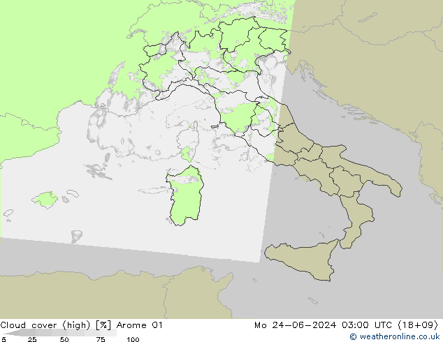 Cloud cover (high) Arome 01 Mo 24.06.2024 03 UTC