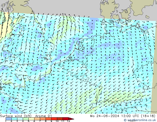 Viento 10 m (bft) Arome 01 lun 24.06.2024 12 UTC