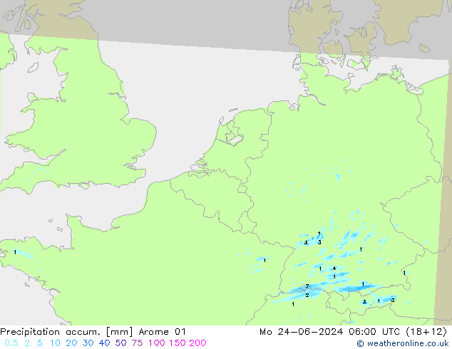 Precipitation accum. Arome 01 Mo 24.06.2024 06 UTC