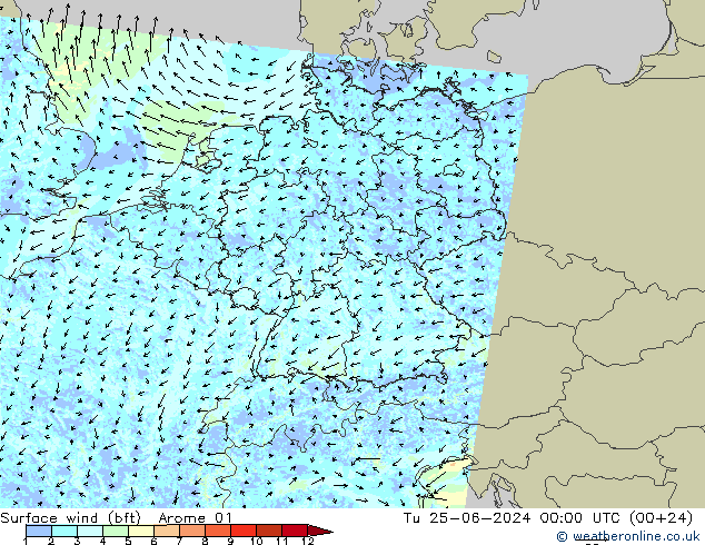 �N 10 米 (bft) Arome 01 星期二 25.06.2024 00 UTC