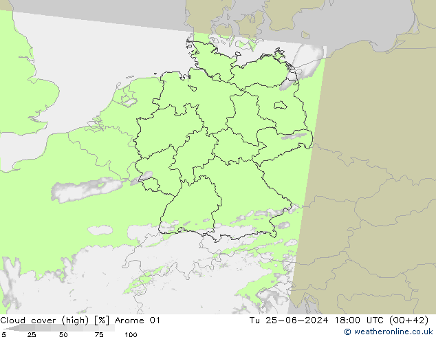 Cloud cover (high) Arome 01 Tu 25.06.2024 18 UTC