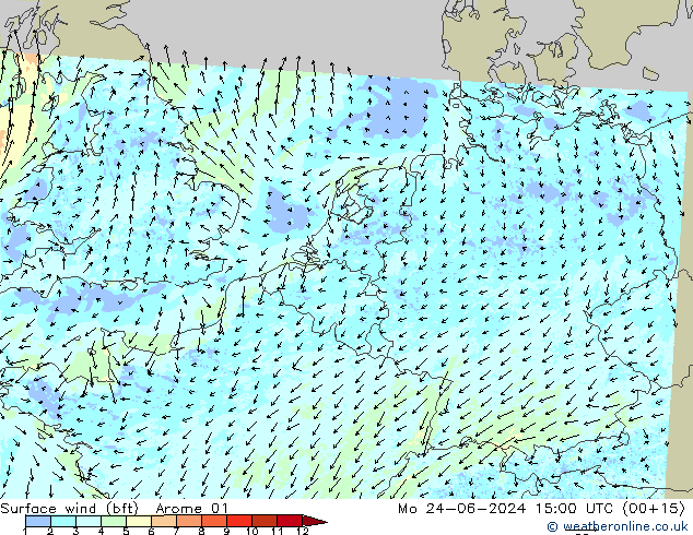 Surface wind (bft) Arome 01 Mo 24.06.2024 15 UTC