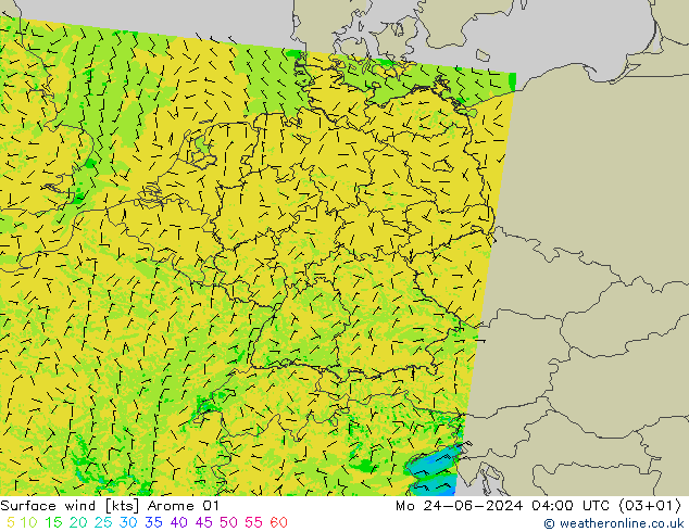 Vento 10 m Arome 01 lun 24.06.2024 04 UTC