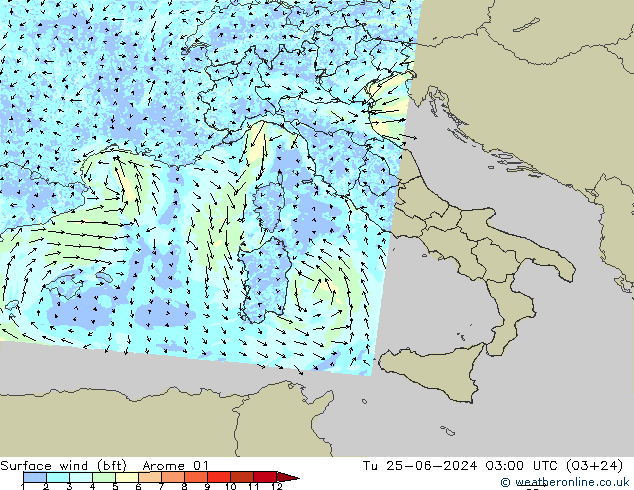 Surface wind (bft) Arome 01 Tu 25.06.2024 03 UTC