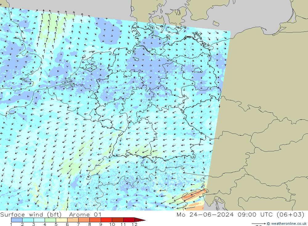 �N 10 米 (bft) Arome 01 星期一 24.06.2024 09 UTC