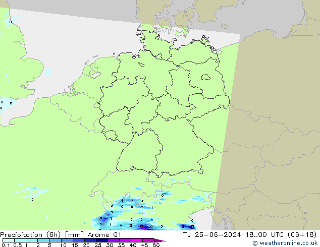 Precipitation (6h) Arome 01 Tu 25.06.2024 00 UTC