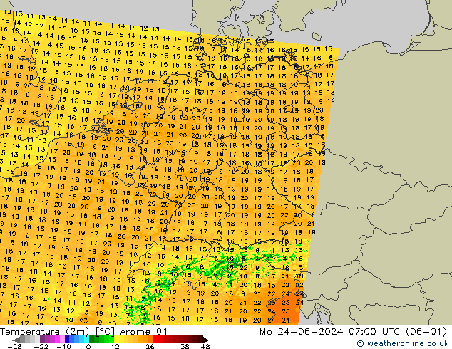 Temperatuurkaart (2m) Arome 01 ma 24.06.2024 07 UTC