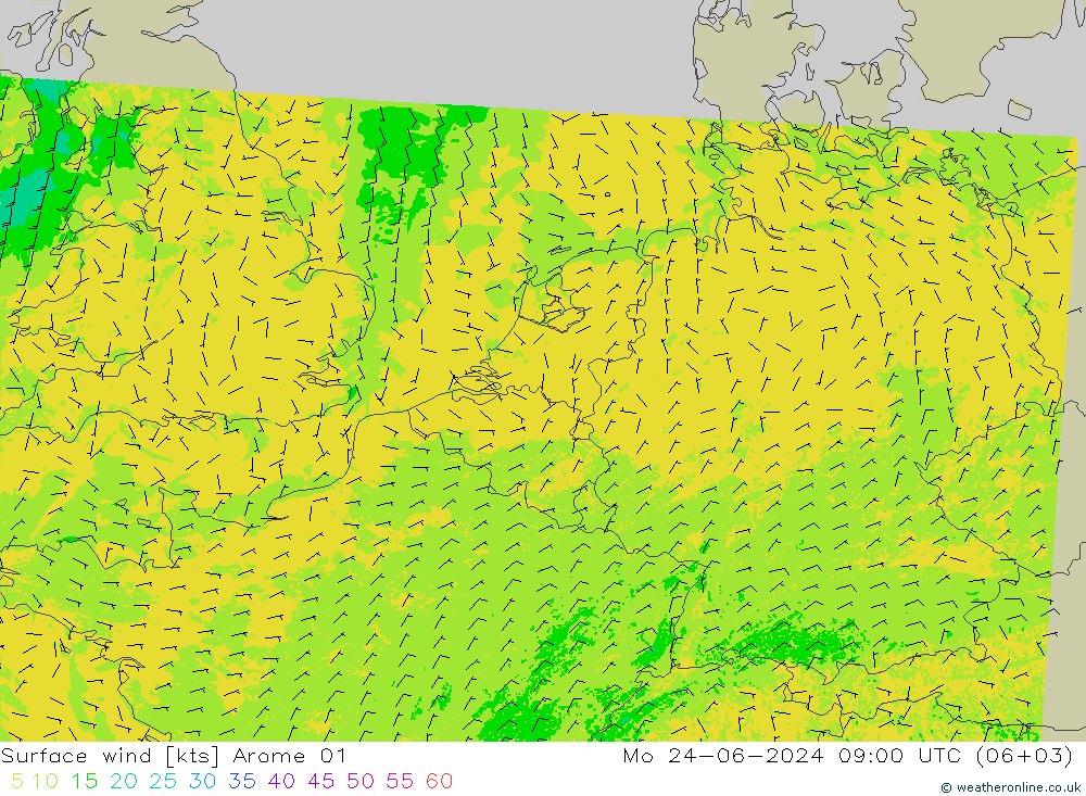 Wind 10 m Arome 01 ma 24.06.2024 09 UTC