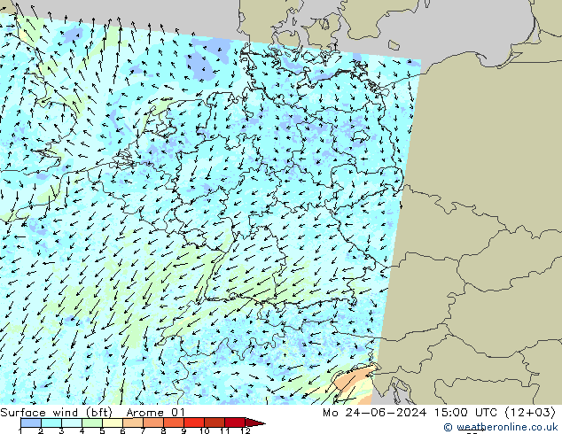 wiatr 10 m (bft) Arome 01 pon. 24.06.2024 15 UTC