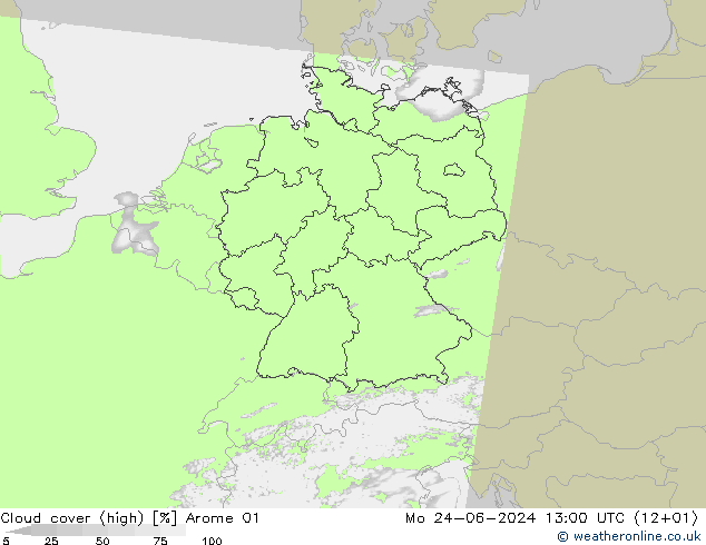 Cloud cover (high) Arome 01 Mo 24.06.2024 13 UTC