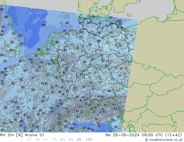 RH 2m Arome 01 śro. 26.06.2024 06 UTC