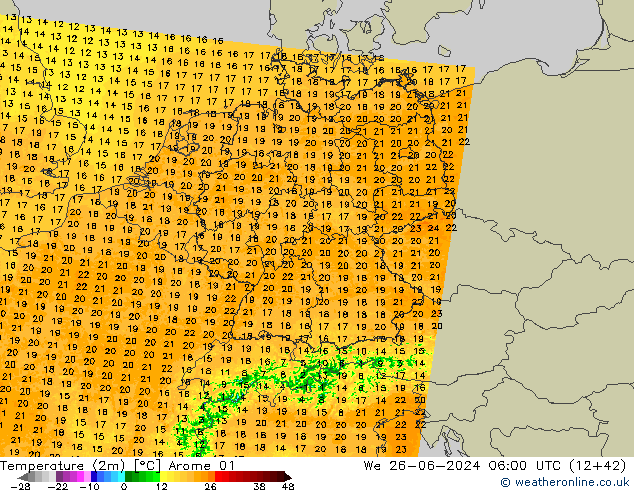 Temperatuurkaart (2m) Arome 01 wo 26.06.2024 06 UTC