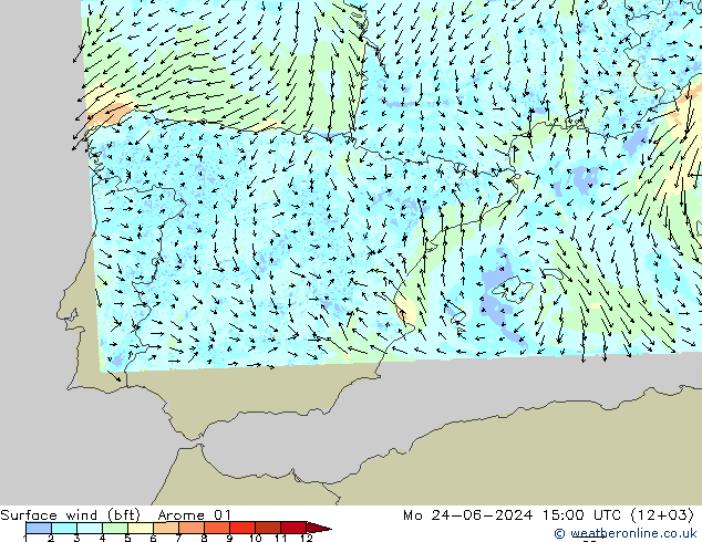 wiatr 10 m (bft) Arome 01 pon. 24.06.2024 15 UTC
