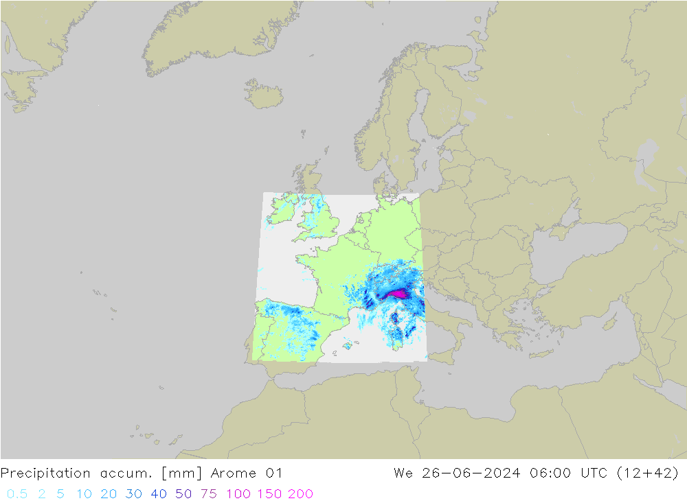 Precipitation accum. Arome 01 We 26.06.2024 06 UTC