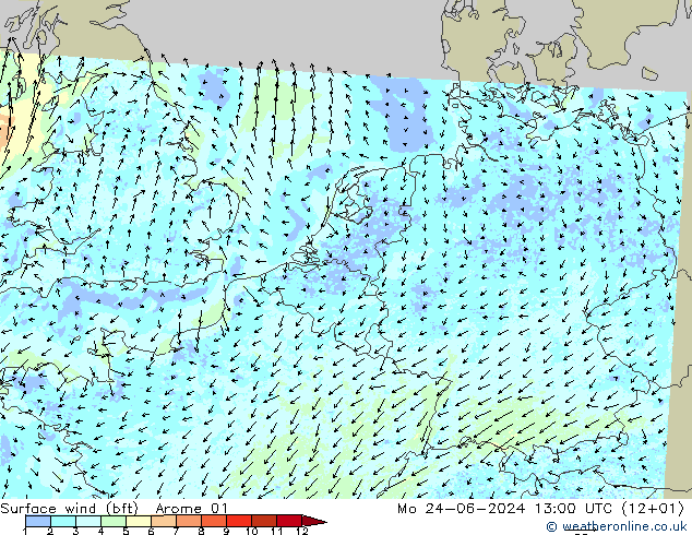 Surface wind (bft) Arome 01 Mo 24.06.2024 13 UTC