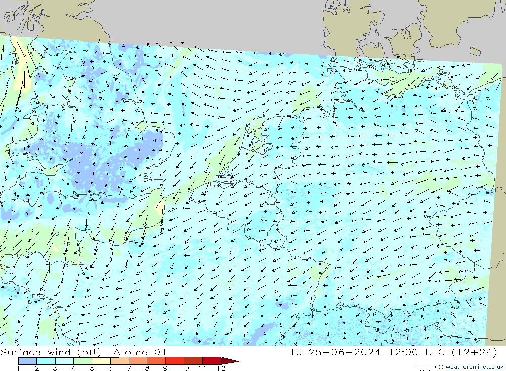 Surface wind (bft) Arome 01 Tu 25.06.2024 12 UTC