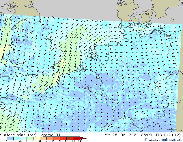 Wind 10 m (bft) Arome 01 wo 26.06.2024 06 UTC