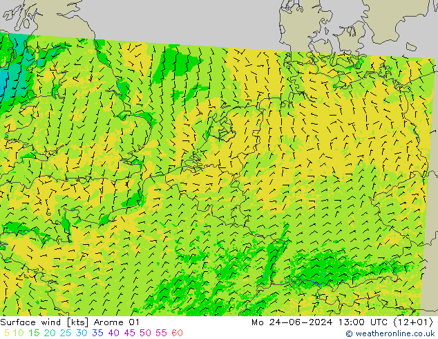 Surface wind Arome 01 Mo 24.06.2024 13 UTC