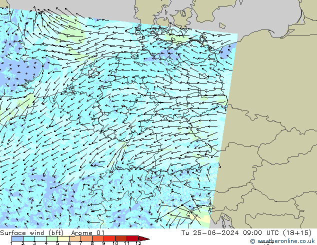 Wind 10 m (bft) Arome 01 di 25.06.2024 09 UTC