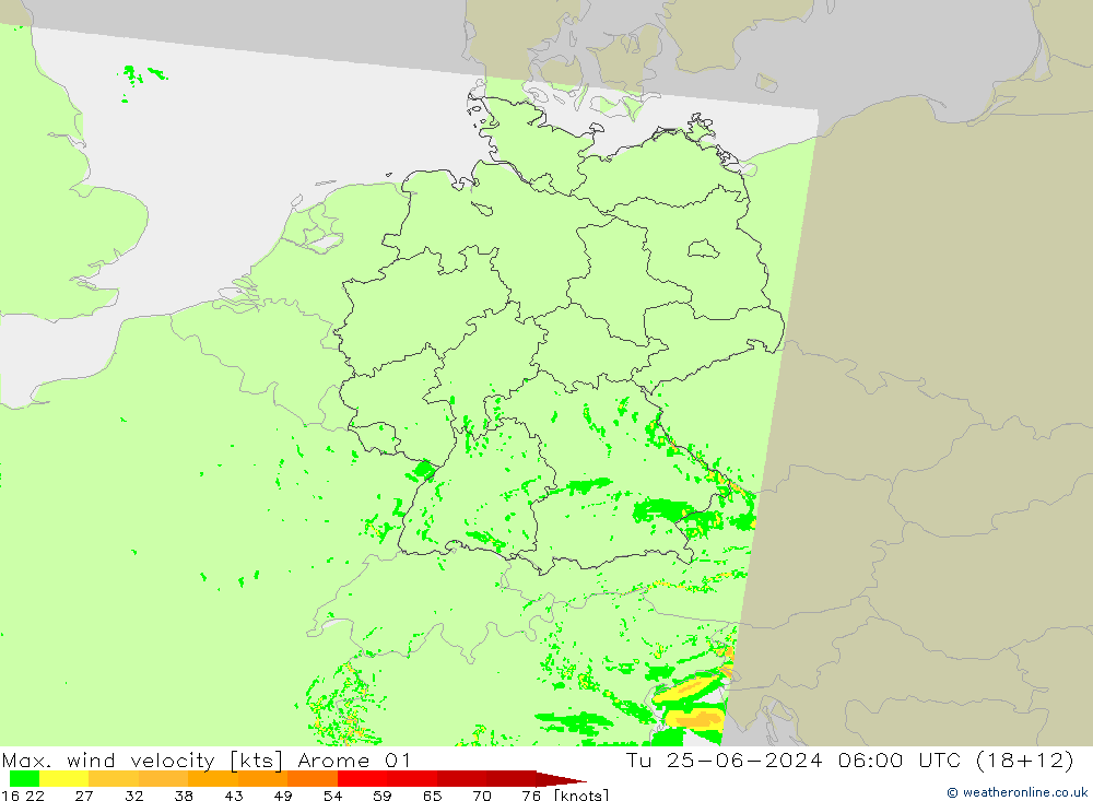 Max. wind velocity Arome 01 Tu 25.06.2024 06 UTC