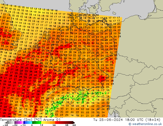 Temperatuurkaart (2m) Arome 01 di 25.06.2024 18 UTC